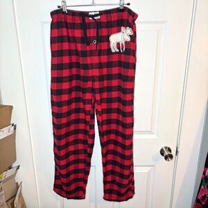 Lazy One Cotton Unisex Red and Black Buffalo Plaid Pajama Pant Moose Applique M